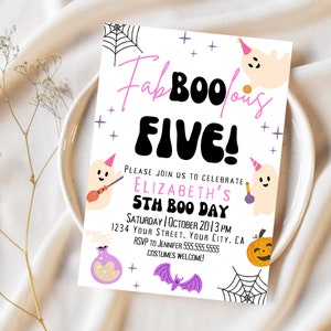 May include: A Halloween-themed invitation with the text "FabBOOulous FIVE!" in pink and black. The invitation features illustrations of ghosts, a pumpkin, a bat, and spiderwebs. The invitation is for Elizabeth's 5th Boo Day.