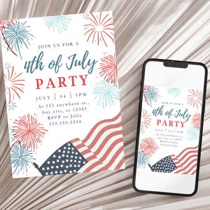 Inbjudan till 4 juli-fest, firande av självständighetsdagen, fyrverkerier, inbjudan till amerikansk flagga, röd, vit, blå, patriotisk inbjudan, helgdag i USA bild 3