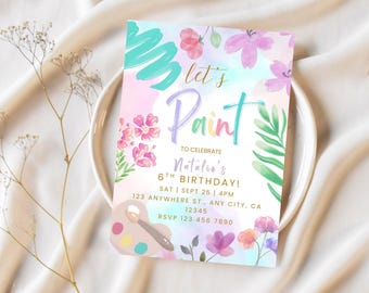 Let's Paint Pastel Birthday Invite, Art Party, Any Age Editable, Craft Birthday Invitation, Girls Paint Party, kids Party, Watercolor Floral