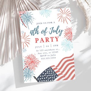 Inbjudan till 4 juli-fest, firande av självständighetsdagen, fyrverkerier, inbjudan till amerikansk flagga, röd, vit, blå, patriotisk inbjudan, helgdag i USA bild 4