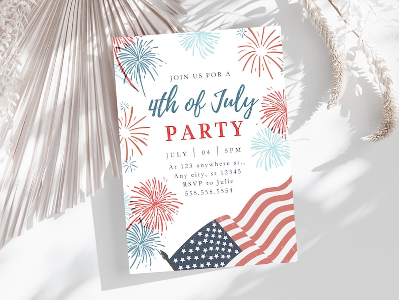 Inbjudan till 4 juli-fest, firande av självständighetsdagen, fyrverkerier, inbjudan till amerikansk flagga, röd, vit, blå, patriotisk inbjudan, helgdag i USA bild 4