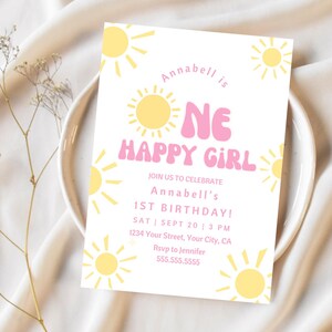One Happy Girl Invitation, Girl First Birthday, Sunshine Birthday Invite, Girl Sun Party Theme, Girl 1st Birthday, First Trip Around the Sun