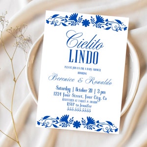 Convite para chá de bebê Cielito Lindo, convite Talavera azul, chá de bebê com tema de cerâmica mexicana azul e branca, chá de bebê Barro, convite para bebê menino