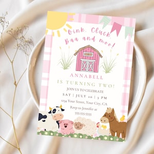 May include: A pink and white plaid birthday invitation with farm animals and a barn illustration. The text reads "Oink. Cluck Baa and moo! Annabell is turning two!" with event details.