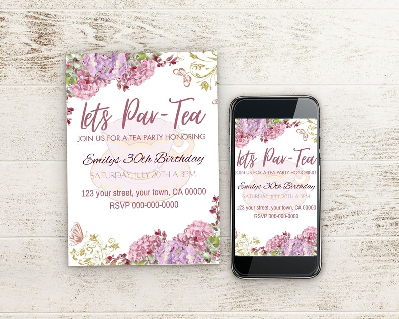 Editable Tea Party Invitation Printable or Text Invite Lets - Etsy