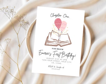 Chapter One Birthday Digital Invitation, Story Book First Birthday Invite, Girl First Birthday Book Invite, Library 1st Birthday Invitation