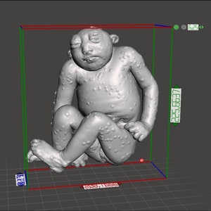 Op de afbeelding: Een 3D-geprint model van een zittend figuur met een gestructureerd oppervlak. Het figuur heeft een mensachtige vorm met een groot hoofd en een gebogen houding.