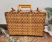 Vintage Small Picnic Basket, Rattan Wicker Suitcase