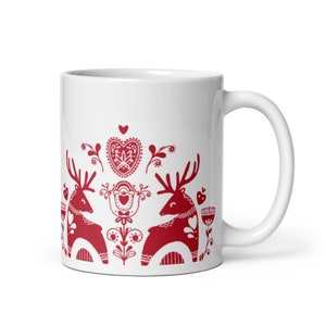 Scandinavian Folk Art Mug Norwegian Christmas Mug Red Accent Holiday Gift