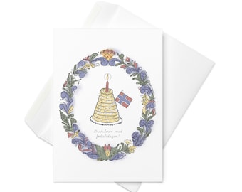 PRINT Norwegian Happy Birthday Card, Gratulerer med fødselsdagen, Hand Sketch Illustration