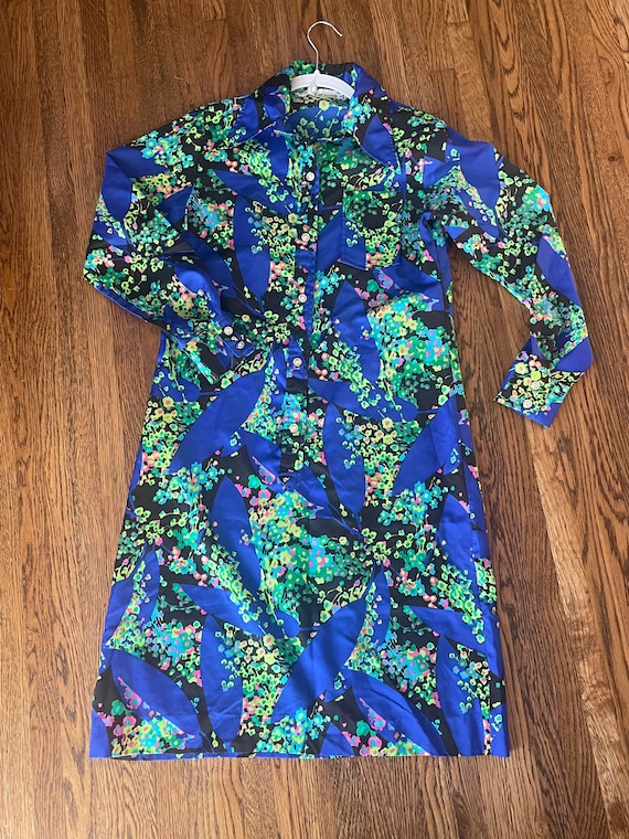 70’s Royal blue floral shirt dress