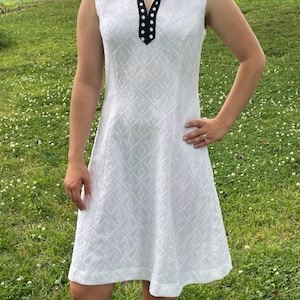 Vintage 1970’s white dress with black and white polka dot collar