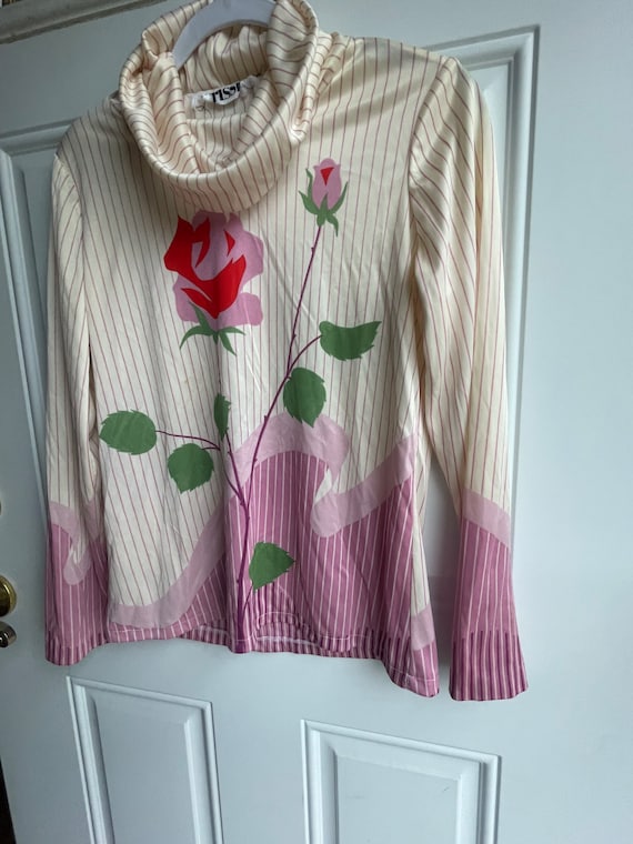 70’s striped floral long sleeve cowl neck blouse - image 1