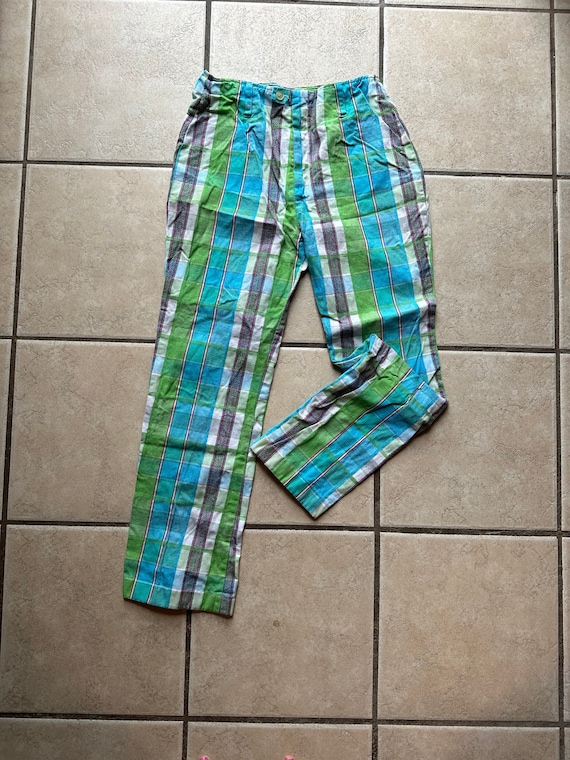 Vintage 70’s plaid green,turquoise plaid narrow le