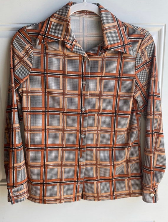 Vintage 1970’s tan, black, white and Orange plaid… - image 1