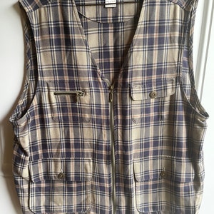 Vintage 1980’s tan and navy plaid vest