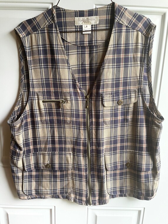 Vintage 1980’s tan and navy plaid vest