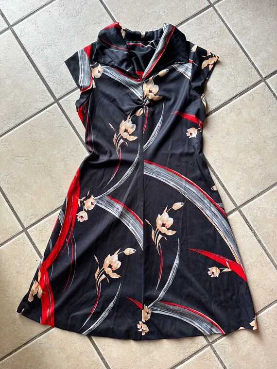 Vintage 70’s Black, red, tan and red floral dress 