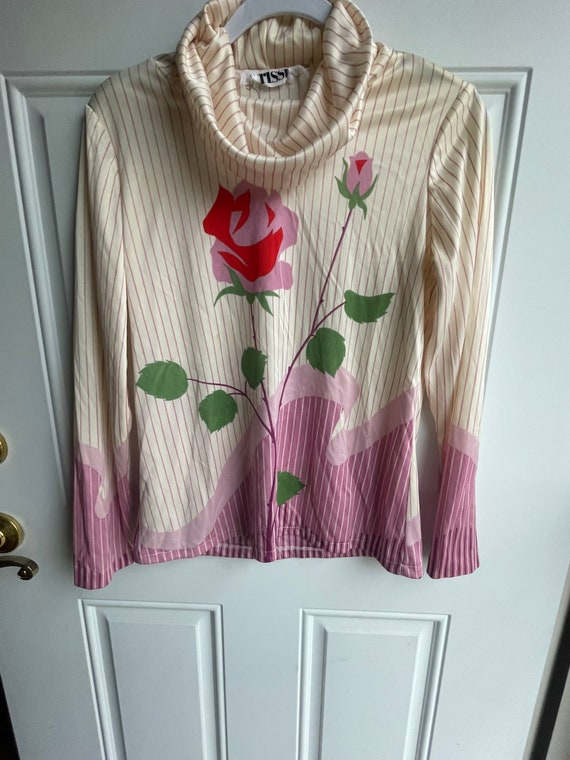 70’s striped floral long sleeve cowl neck blouse - image 7