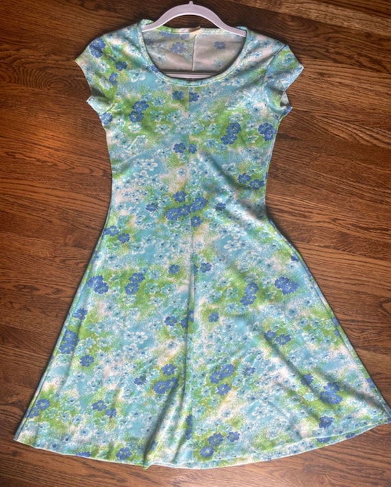 Vintage 1970’s polyester blue and green floral dr… - image 2