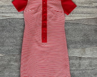 Robe vtg rayée rouge et blanche à manches courtes et col des années 70, taille M