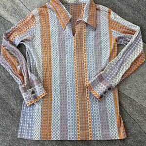 vtg 70’s Orange and lavender geometric long sleeve polo type shirt size medium