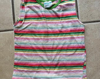 May include: A striped sleeveless shirt with green, pink, yellow, and orange stripes. The shirt has a green neckline.