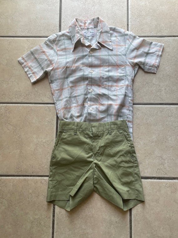 70’s green shorts and green and Orange plaid shirt
