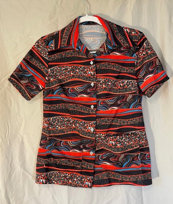 Vintage 1970’s abstract  Brown and orange blouse - image 2