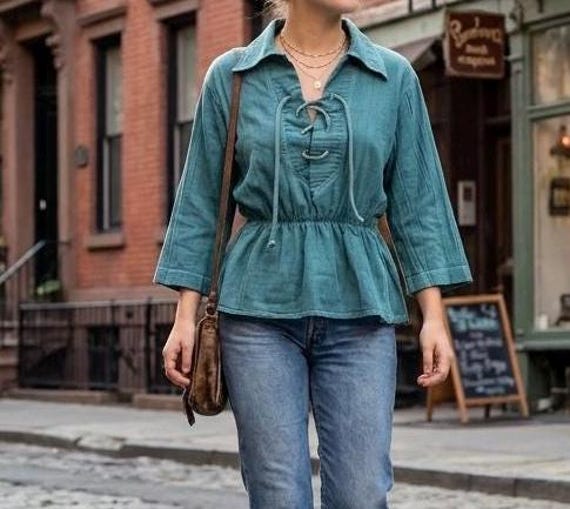 70’s bohemian style forest green lace up top sz S View 2