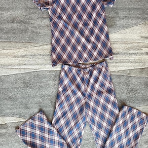 vtg 70’s blue, gold and orange diamond plaid pant suit sz M