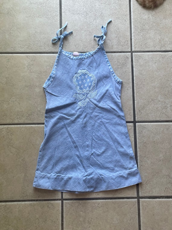 70’s light blue chambray sundress with floral trim - image 1