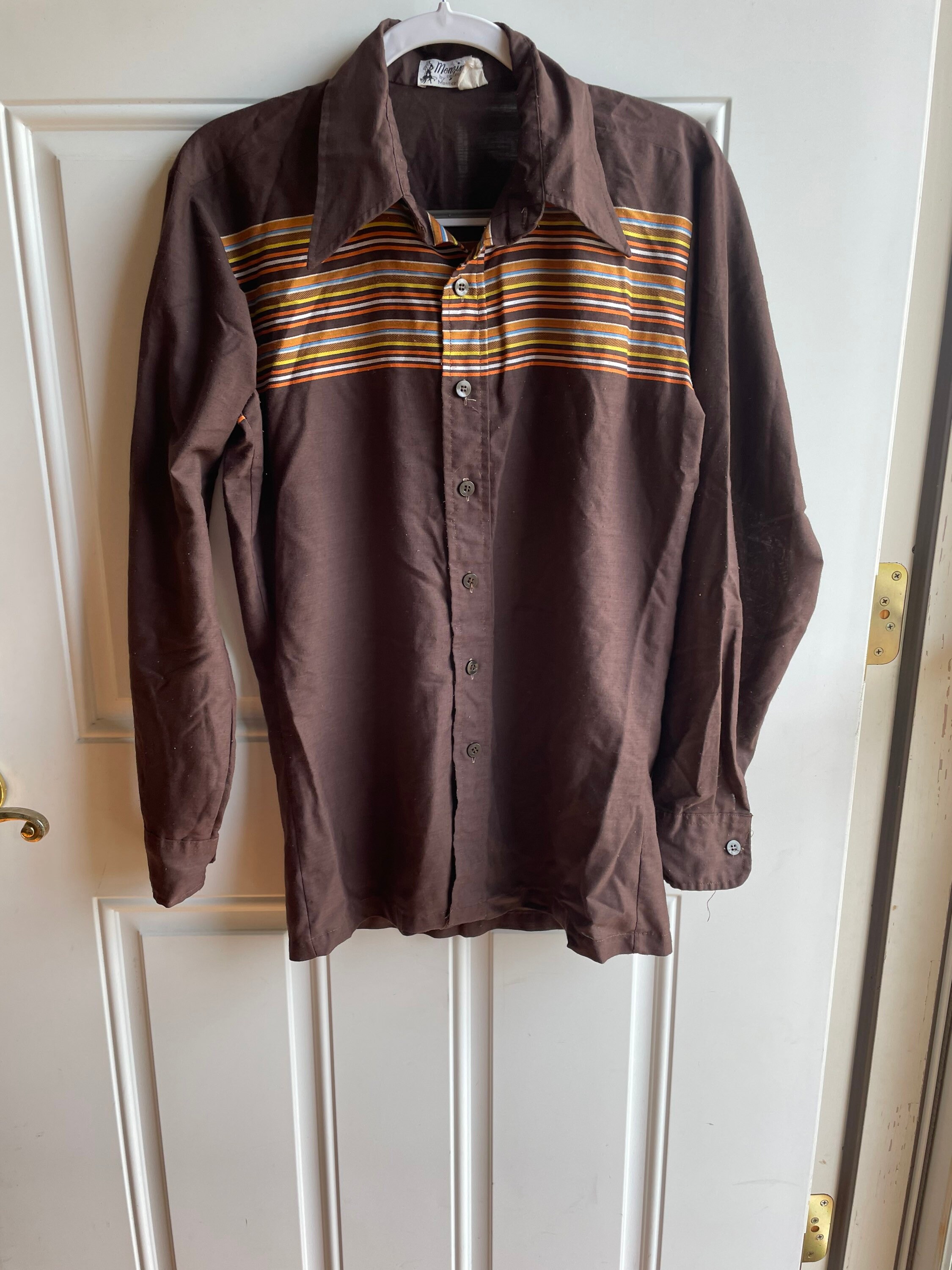 Vintage 70s Brown Mens Shirt With Stripes on Chest Etsy