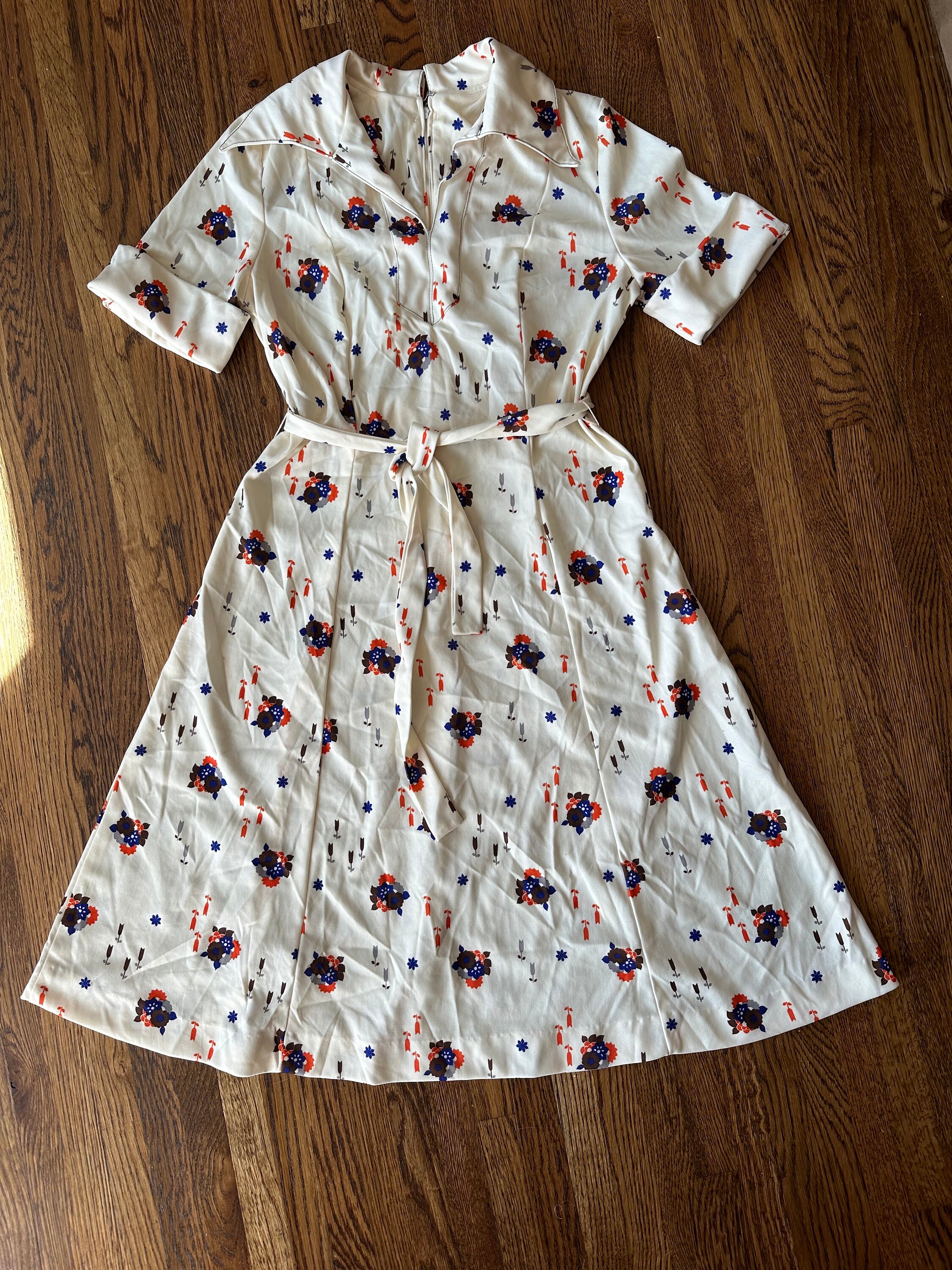 Vintage Cream Floral Dress With Belt Size Small Etsy India