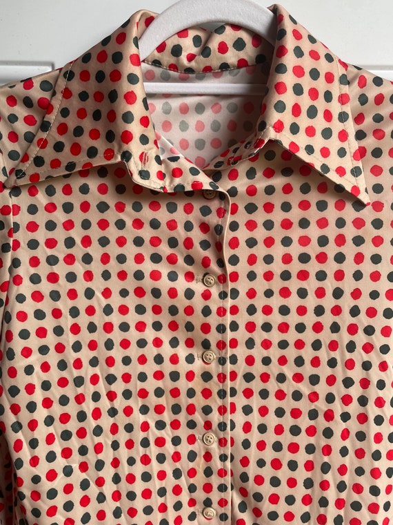 Vintage 1970’s tan shirt with red and green polka… - image 2