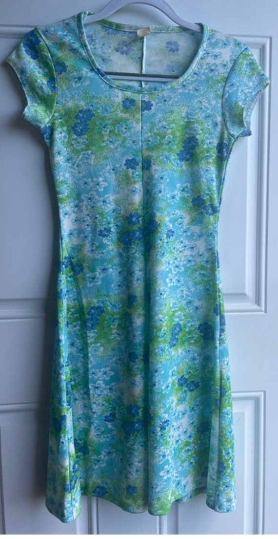 Vintage 1970’s polyester blue and green floral dr… - image 5