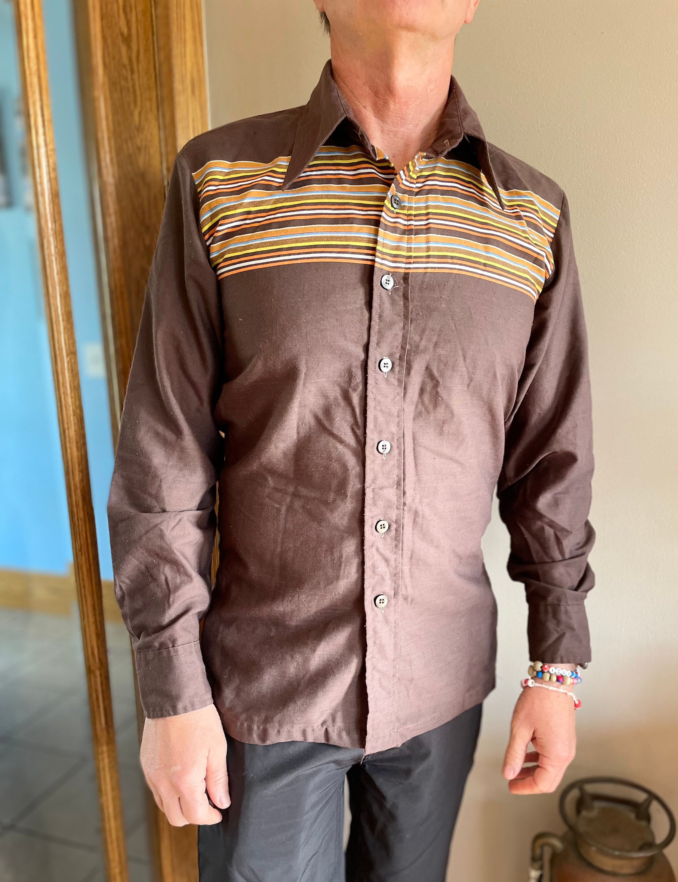 Vintage 70s Brown Mens Shirt With Stripes on Chest Etsy