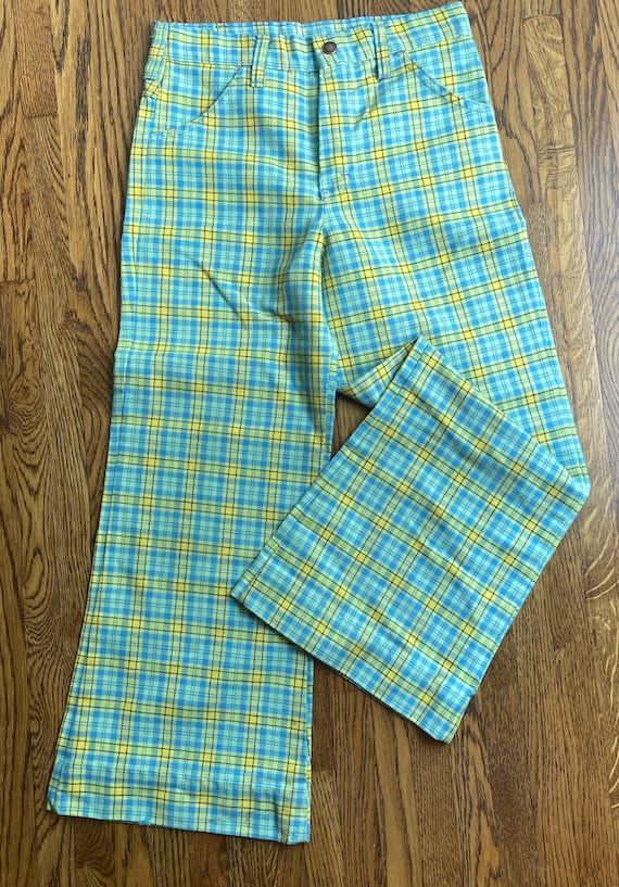 Vintage 1970 s light blue and yellow plaid bellbottoms