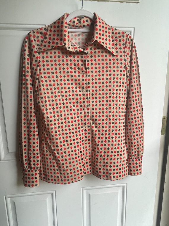 Vintage 1970’s tan shirt with red and green polka… - image 1