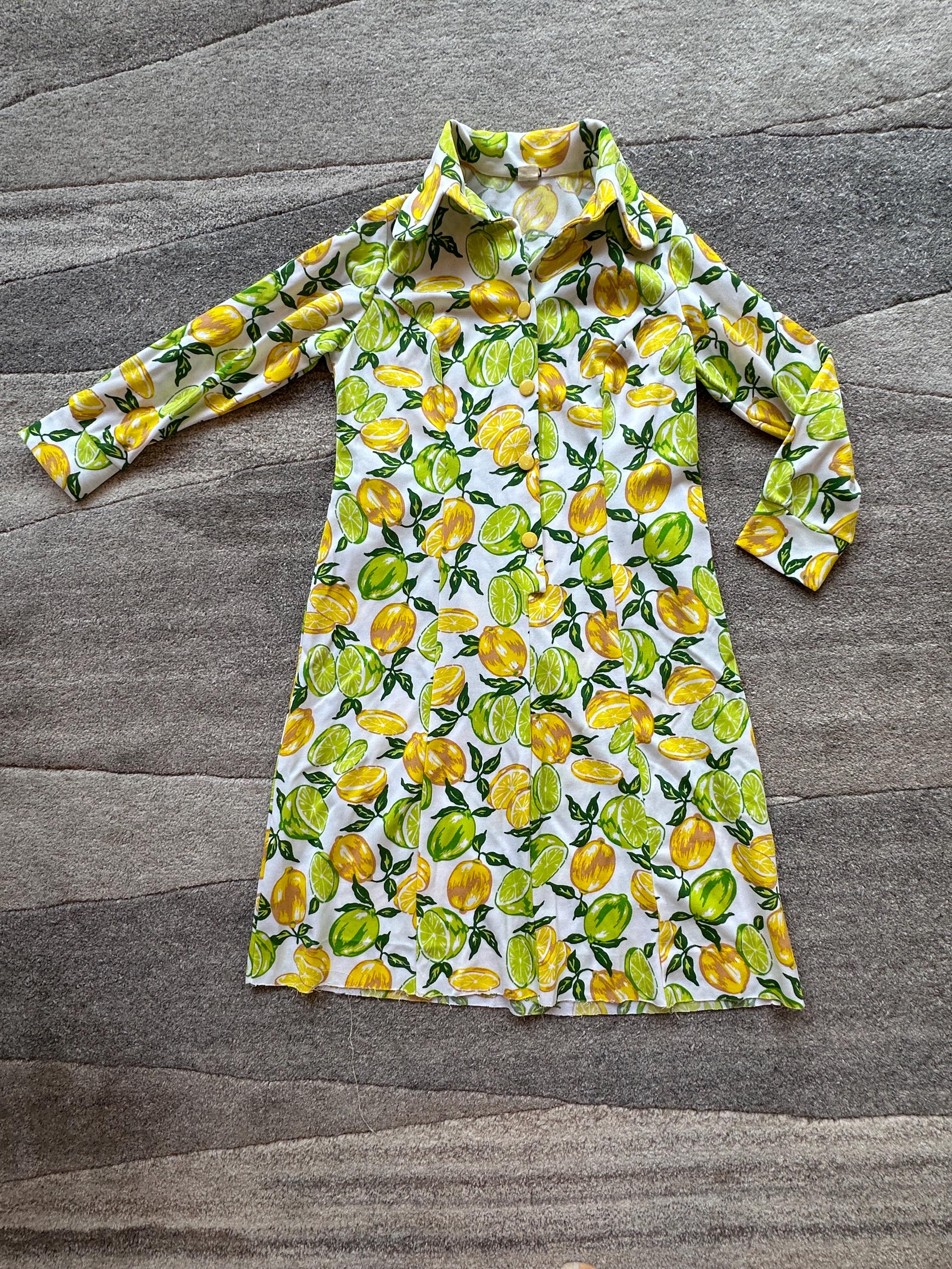 vtg 70’s novelty lemon and lime print long sleeve dress size M