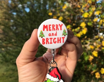 Merry and Bright Badge Reel/ Grinch Badge Reel/ID Badge/Healthcare Name  Holder/ID Holder/Nursing Student/Nurse Gift/Beaded Retractable