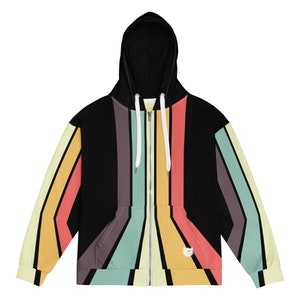 Retro Rainbow Stripe Zip Hoodie: Recycled Polyester Unisex Jacket
