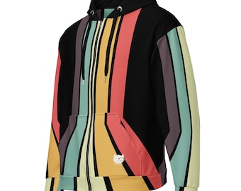 Retro Rainbow Stripe Zip Hoodie: Recycled Polyester Unisex Jacket