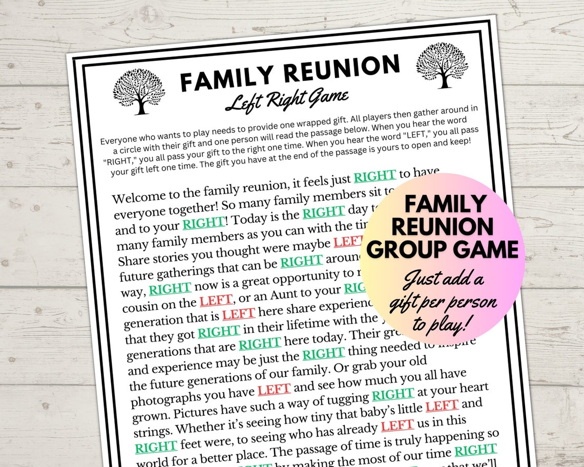 Family Reunion Left Right Game Printable Family Reunion Pass the Gift ...