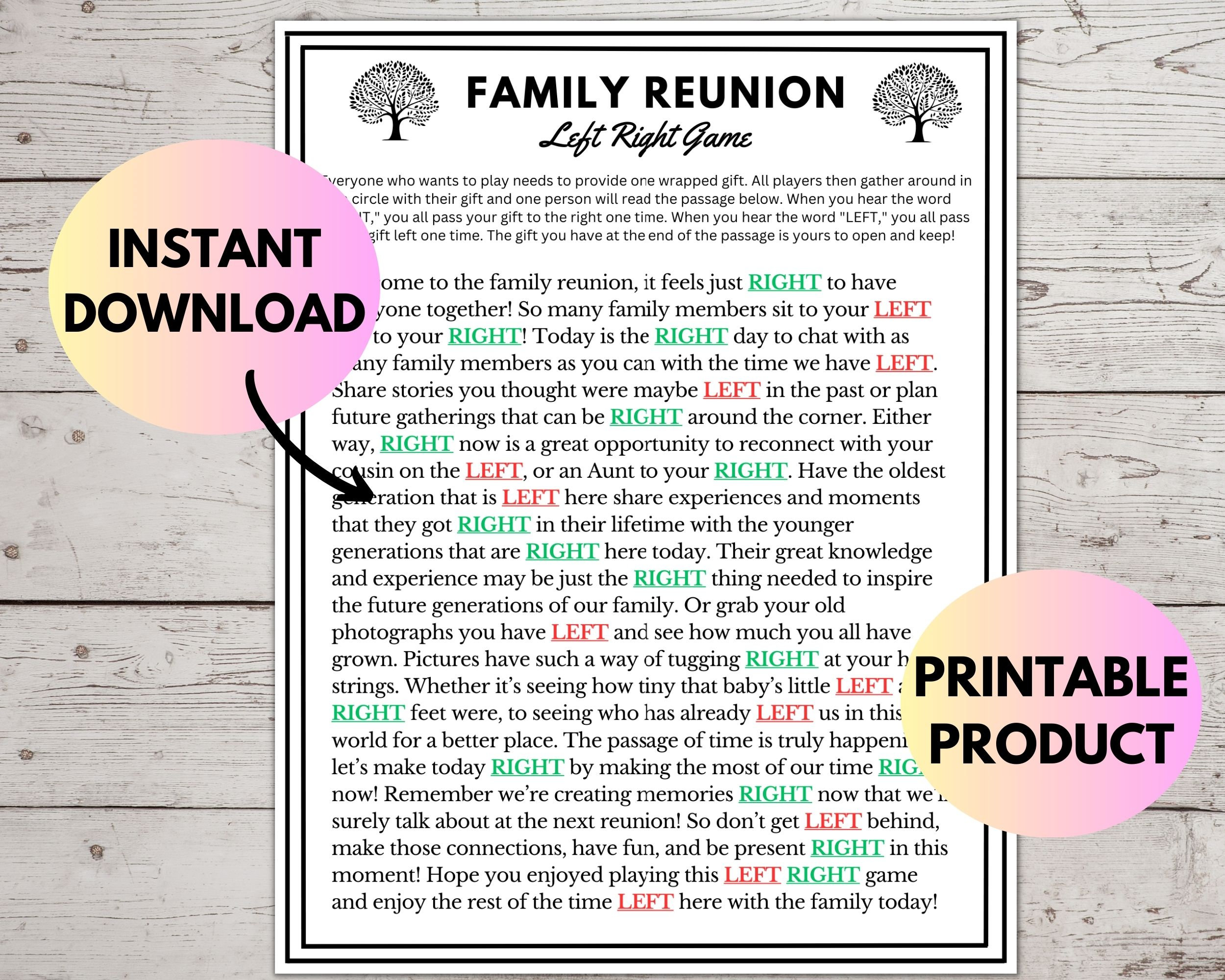 Family Reunion Left Right Game Printable Family Reunion Pass - Etsy