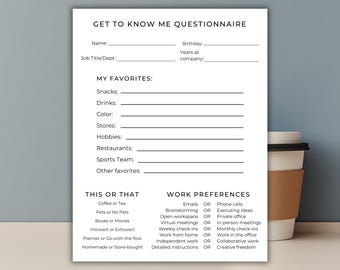 Team Building Get To Know Your Staff Questionnaire Printable, Get to Know Me Employee, Team Building Games, Icebreaker Employee Favorites