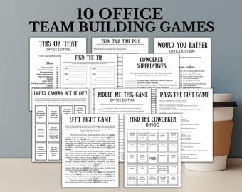 May include: A set of 10 printable office team building games. The games include "This or That", "Find the Fib", "Team Talk Time", "Would You Rather", "Coworker Superlatives", "Lights, Camera, Act It Out!", "Riddle Me This Game", "Left Right Game", "Pass the Gift Game", and "Find the Coworker Bingo".