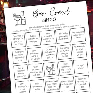 Bar Crawl Bingo, Bar Crawl Scavenger Hunt, Bar Crawl Games, Bar Bingo, Pub Crawl Bingo, Drinking Games, Senior Bar Crawl