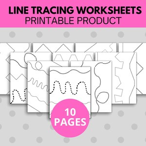 May include: A set of 10 printable line tracing worksheets for kids. The worksheets feature various dotted lines to trace, including wavy, zig-zag, and curved lines.