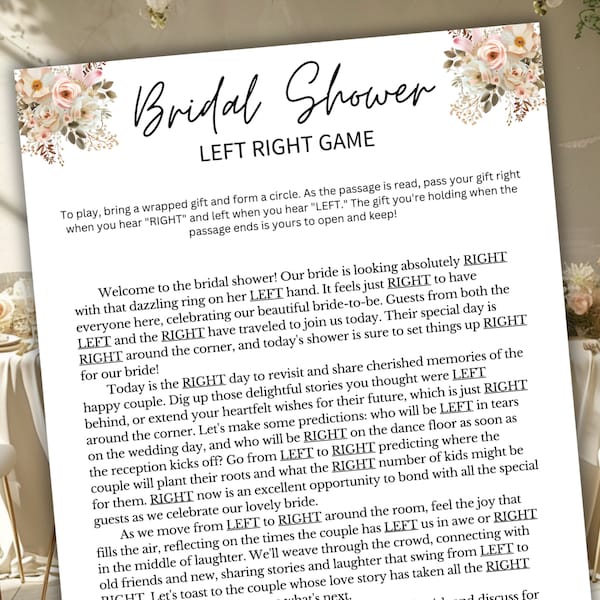 Bridal Shower Left Right Game Printable | Bridal Shower Pass The Gift Poem Game